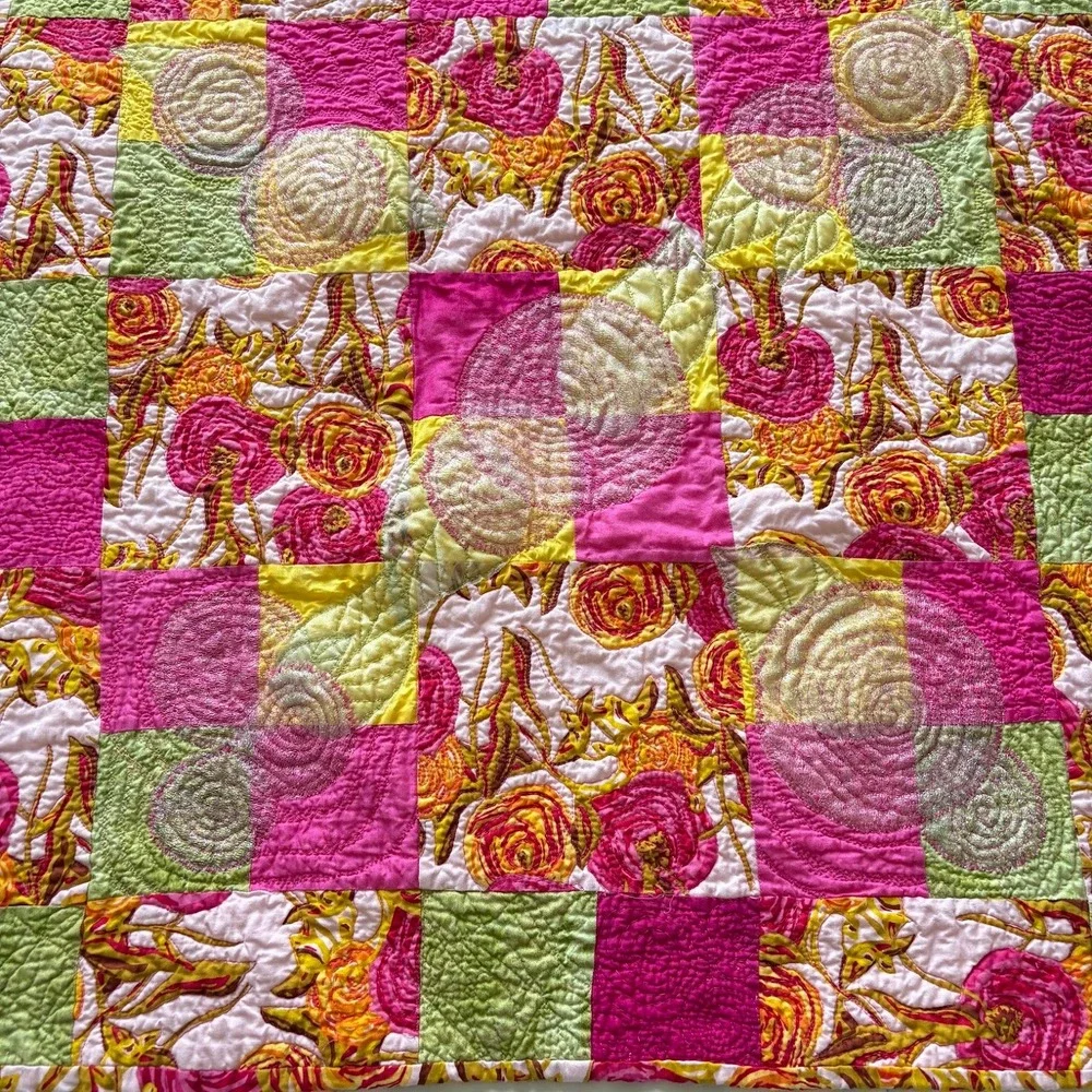 Vintage Handmade Floral Patchwork Quilted Table Runner Pink Yellow Green 29x28